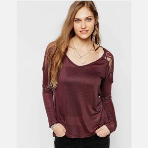 Free People The Gatsby Embroidered Mesh Tee Tunic Top - Wine - M‎